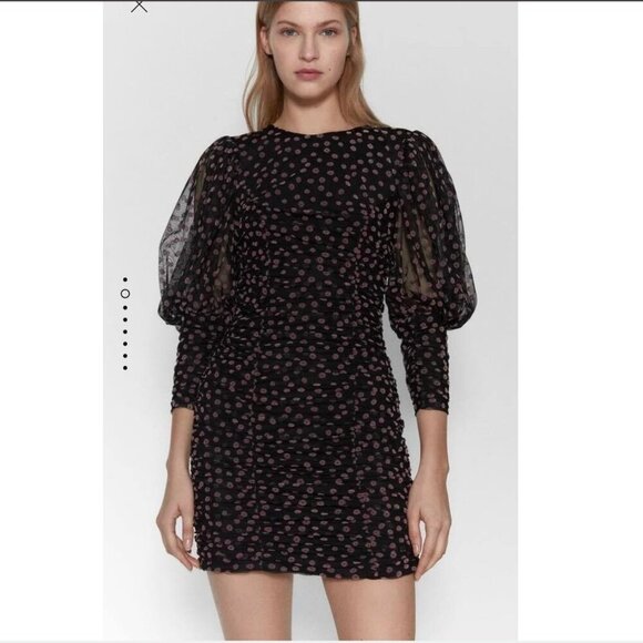 ZARA Puffy Sheer Draped Dress Size M NEW WITH TAG! - Picture 3 of 6